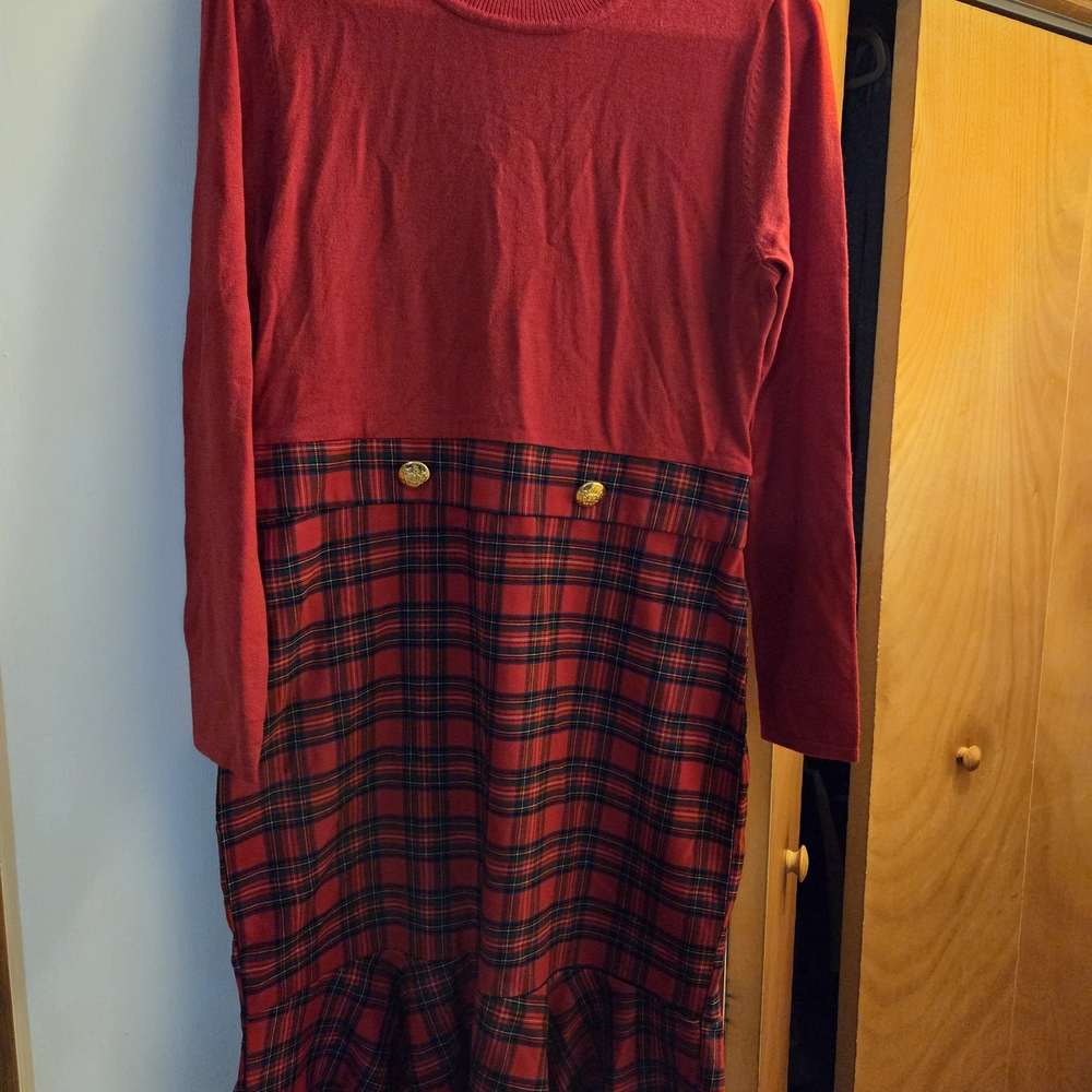 VENUS Red Plaid Long Sleeve Dress